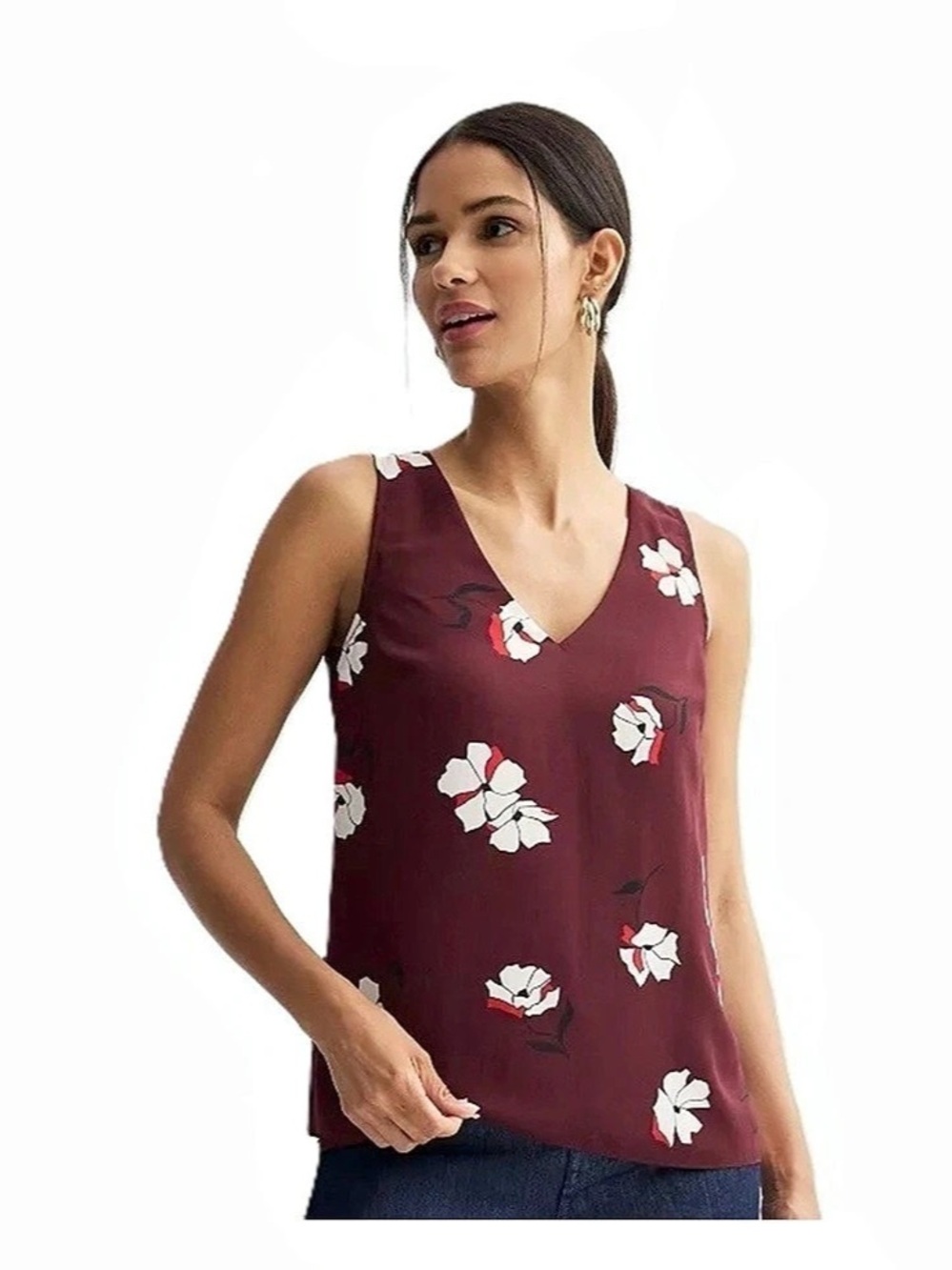 Nine West V-Neck Essential Tank Top Burgundy Plum Kiki Floral Small NWT